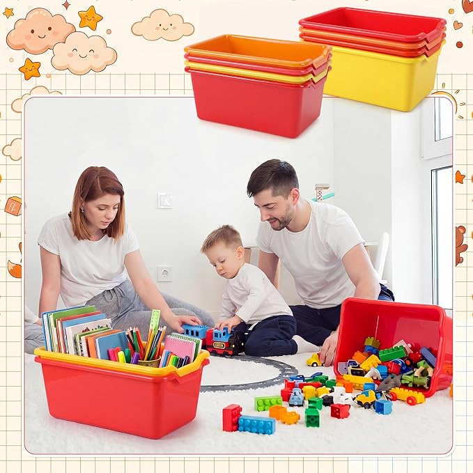 Dandat 32 Pcs Plastic Book Bins for Classroom Library Cubby Bins Scoop Front Stackable Toy Storage Tubs Containers for School Office Home Nursery Playroom Organization (Bright Color)