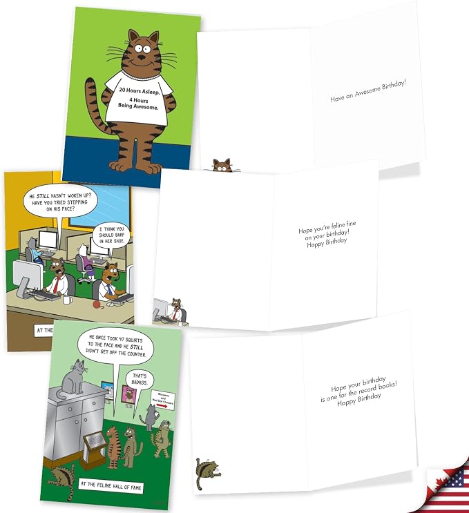 NobleWorks 20 Assorted Box Set Funny Birthday Greeting Cards w/ 5 x 7 Envelopes For Men Women (10x2 Designs) Scott Metzger's Cat Toons AC2696BDG-B2x10