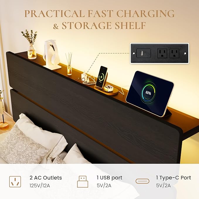 SHA CERLIN Queen Size Bed Frame, Led Light, Charging Station, Storage Shelf | Wooden Headboard, Heavy Duty Slats Support, Metal Platform Bed, Under Bed Storage, No Box Spring Needed, Noise Free, Black