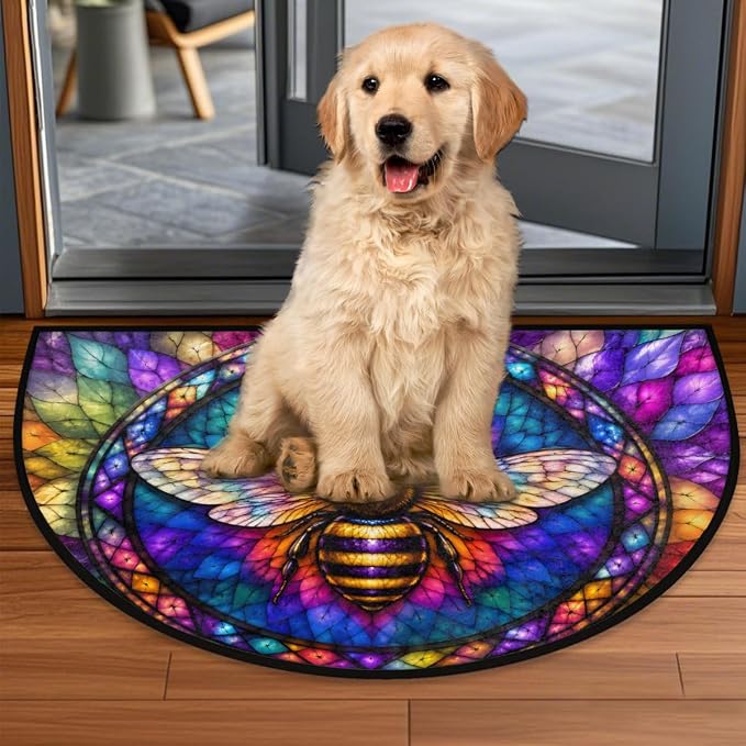 Pardick Bee Half Round Door Mat Welcome Entrance Mat Bath Bathroom Rug A7 | Bee Glass Painting Welcome Entrance Mat Anti-Slip Half Moon Bath Mat Semi Circle Rug Indoor Outdoor Kitchen Rug