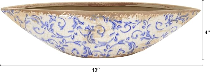 13in. Tuscan Ceramic Blue Scroll Decorative Bowl