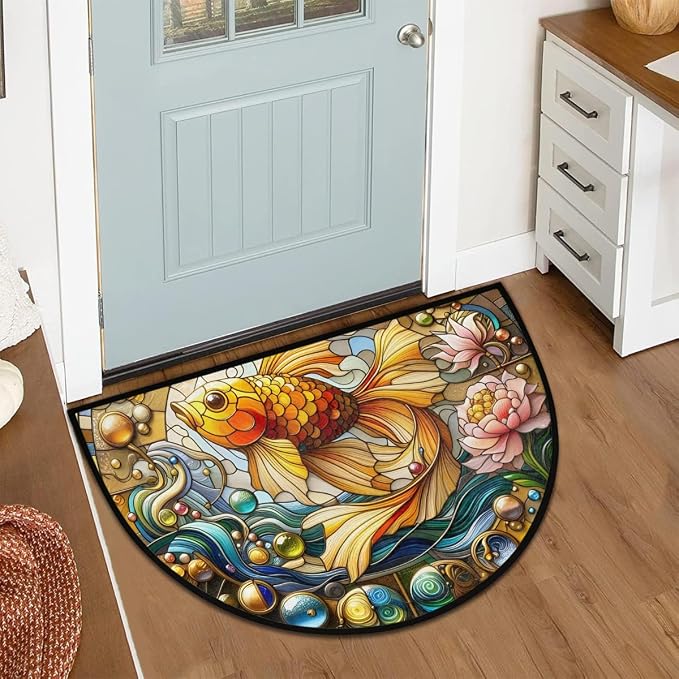 Fish Half Round Door Mat Semi Circle Rug Half Moon Doormat | Soft Washable Glass Lotu Welcome Entrance Mat for Outdoor Indoor Floor Bedroom Bathroom Home Kitchen Festival Decor