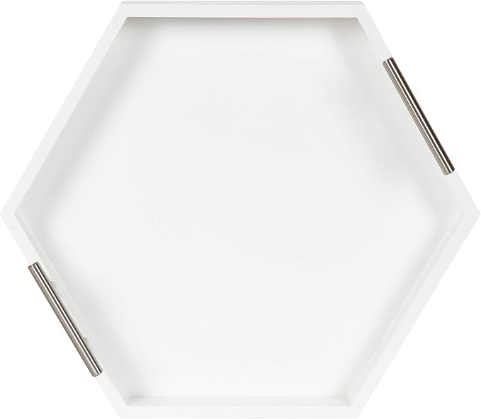 Kate and Laurel Lipton Modern Hexagon Tray, 18 x 18, White and Silver, Decorative Tray for Storage and Display