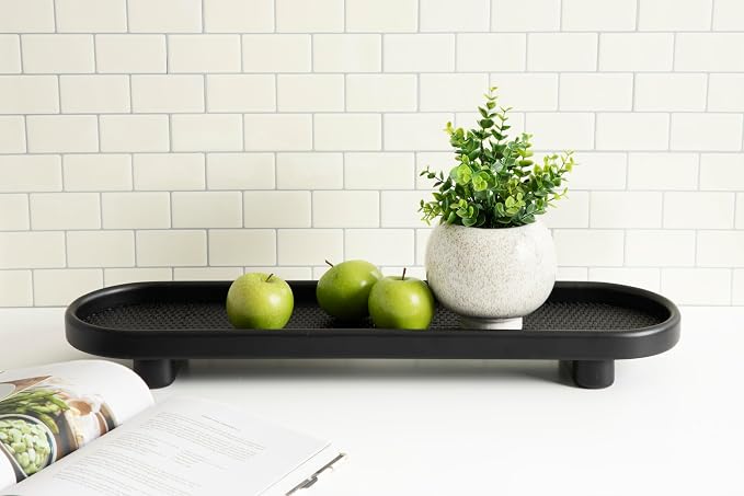 Kate and Laurel Planche Decorative Capsule Woven Tray with Solid Wood Frame; 27 x 8; Black; Modern Slim Wood Rectangle Serving Tray for Living Room