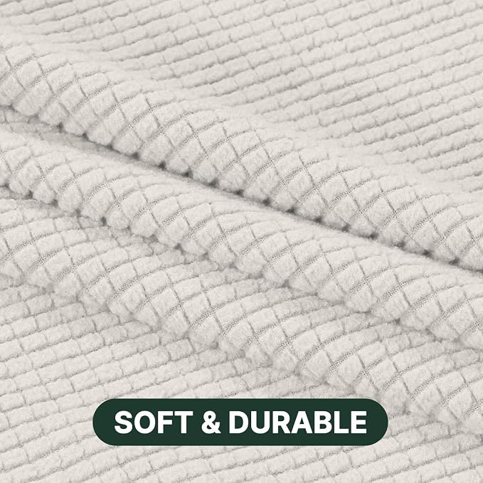 H.VERSAILTEX Stretch 3 Piece T Cushion Sofa Slipcovers Individually Sofa Cushion Covers for 3 Cushion Couch Sofa Seat Cushion Covers with Elastic Bands Featuring Thicker Jacquard Fabric, Ivory
