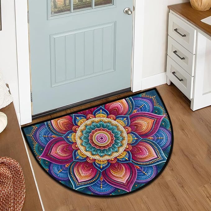 Bohemia Half Round Door Mat Semi Moon Rug Fireplace Carpet Area Rugs | Floral Neon Non Slip Absorbent Half Circle Mat Carpet for Indoor Outdoor Patio Kitchen Bathroom Entryway Home Decor