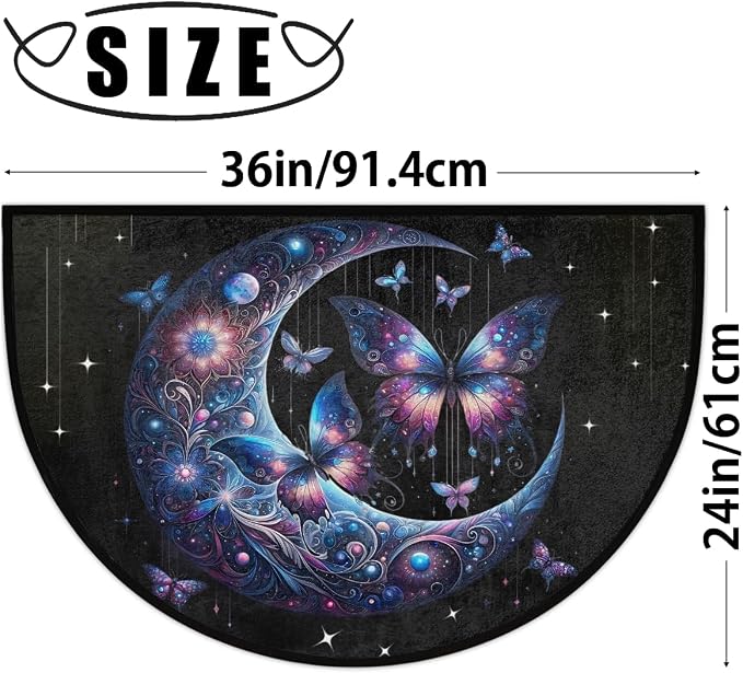 Butterfly Moon Half Round Door Mat Non Slip Half Circle Rugs | Moon Galaxy Washable Half Moon Rug Semi Circle Rugs Indoor Entrance Floor Carpet for Kithen Bedroom Fireplace Decor