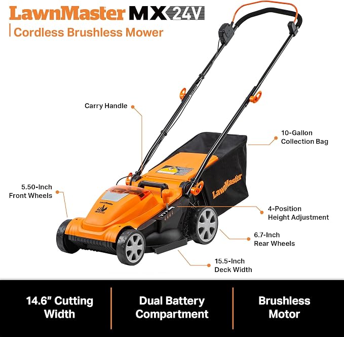LawnMaster CLMF4815E 48V MAX 15-inch Brushless Cordless Lawn Mower | 2X24V MAX 4.0Ah Battery, Dual Charger