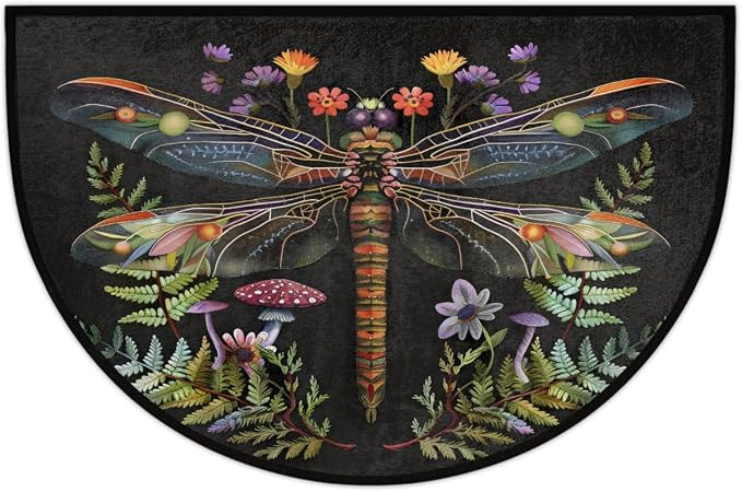 Dragonfly Half Round Door Mat Outdoor Doormat Bedroom Entrance Rug A11 | Dragonfly Flower Floral Semi Moon Door Mat Non-Slip Absorbent Kitchen Rug Indoor Welcome Bath Mat 36" X 24"