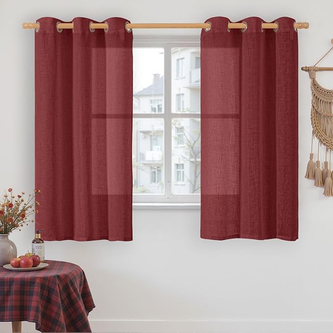 LAMIT Red Sheer Linen Curtains 45 Inch Length, Linen Textured Light Filtering by LAMIT