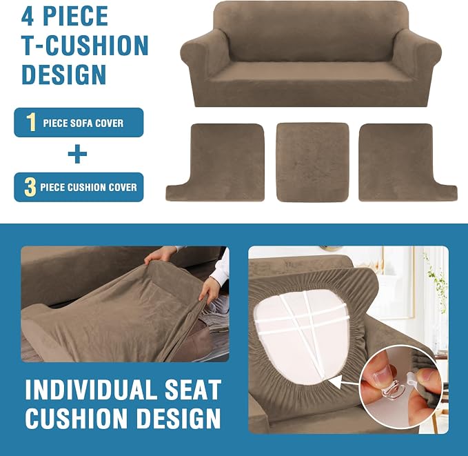 Sofa Cover 4 Piece T Cushion Sofa Slipcovers Thick Velvet Couch Cover Furniture Protector Stretch Sofa Covers for 3 Cushion Couch with 3 Individual T Cushion Covers Washable, Camel