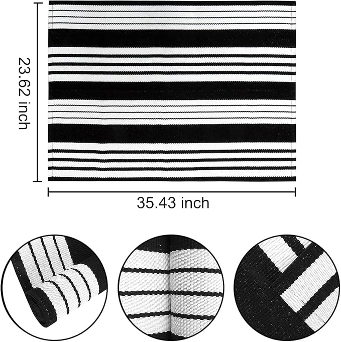 Black and White Striped Outdoor Rug 24'' x 35'' Door Mat Outdoor Machine Washable Welcome Mats Cotton Hand-Woven Entryway Rug for Front Porch/Entryway/Laundry/Bathroom/Bedroom