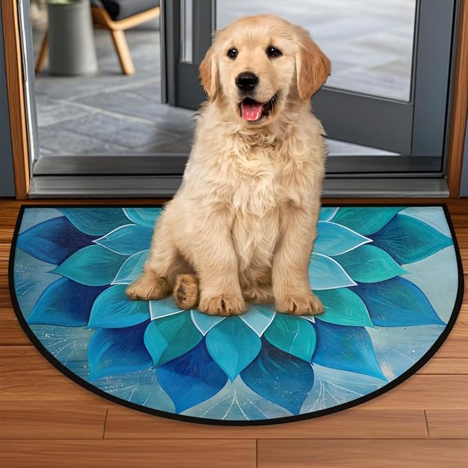 Teal Mandala Flower Half Round Door Mat Non-Slip Semi Circle Rug Washable Half Moon Floor Rug Absorbent Bathroom Area Rugs for Outdoor Indoor Fireplace Mat Entryway Kitchen Decor Rugs