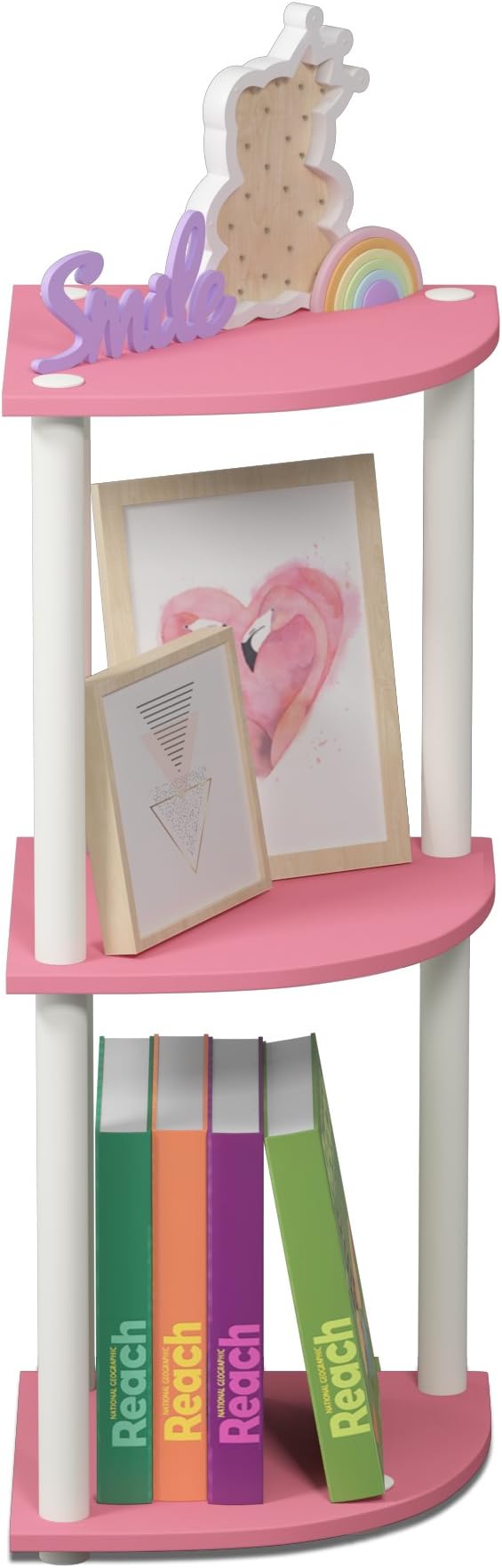 Furinno TURN-N-TUBE Corner Shelf, 3-Tier Corner Bookshelf, Display Storage Shelves with Open Shelves, for Organization and Storage, Living Room, Home Office, Garage, Pink