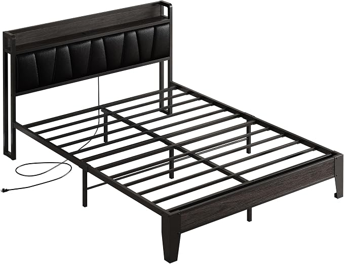 LIKIMIO Full Size Bed Frame, PU Leather Storage Headboard with Charging Station, Solid and Stable, Noise Free, No Box Spring Needed, Easy Assembly, Black