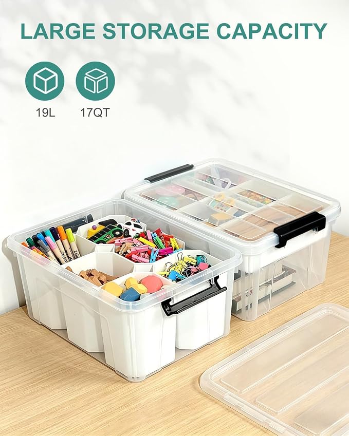 NUMIFUN 17QT Clear Storage Bins with Lids & Dividers for Crafts | Stackable 17-quart transparent box featuring 6 tall removable inserts. Perfect for organizing crafts, tools, toys & crayons