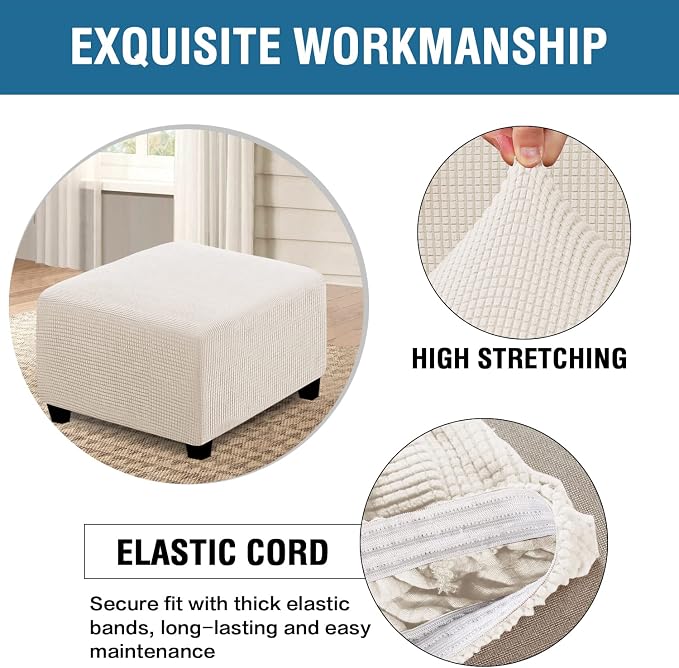 H.VERSAILTEX Square Ottoman Covers Ottoman Slipcovers Folding Storage Stool Furniture Protector Form Fit with Elastic Bottom, Stretch High Spandex Small Checks Jacquard Fabric(Medium,Ivory)