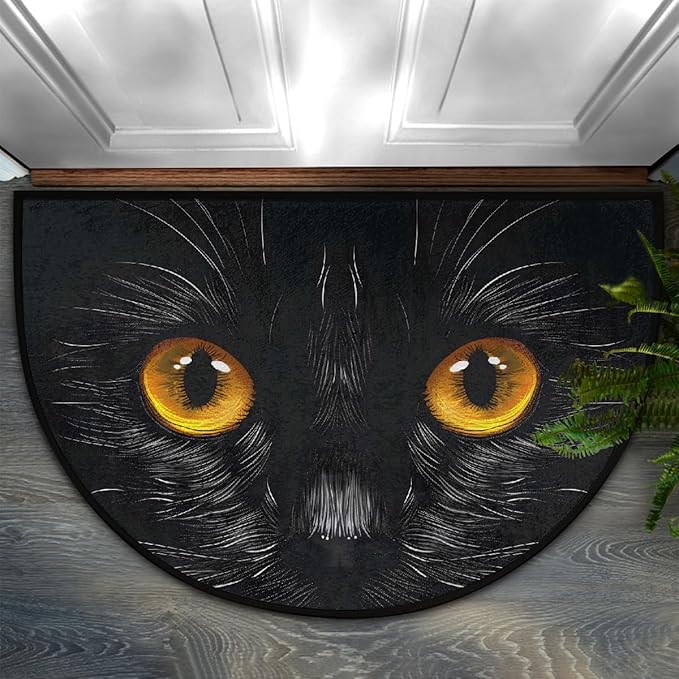 Black Cat Half Round Door Mat Non Slip Half Circle Rugs | Cat Eyes Black Washable Half Moon Rug Semi Circle Rugs Indoor Entrance Floor Carpet for Kithen Bedroom Fireplace Decor