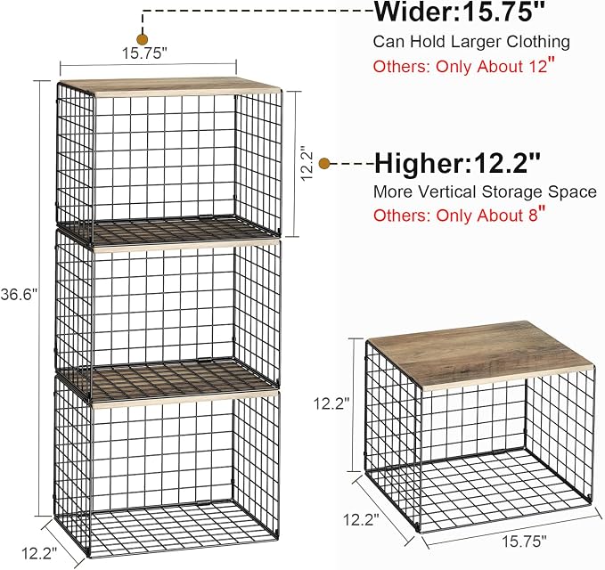 Widened & Heightened Closet Organizers And Storage Shelves With Top Board, Set of 3 Stackable Closet Shelf Organizer Storage Bin Basket For Clothes Sweaters,Space-saving, Sturdy,Wider Higher Size