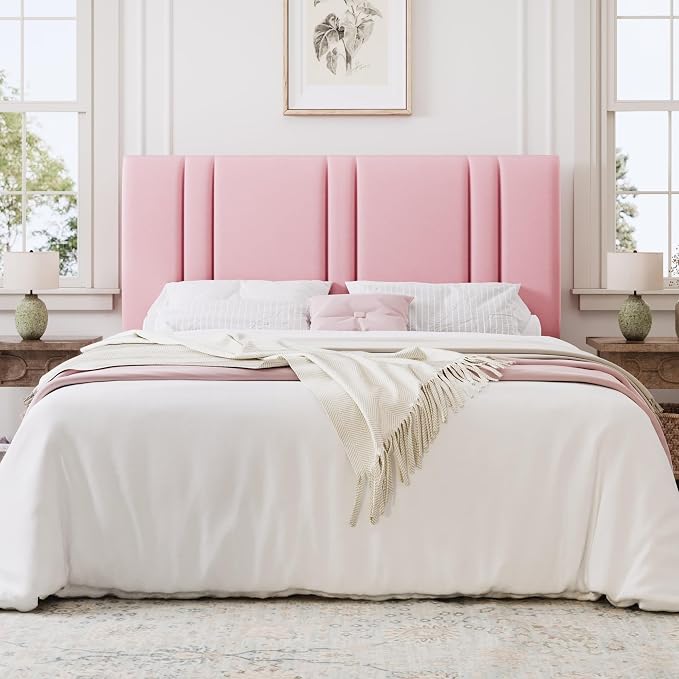 SHA CERLIN Full Size Velvet Bed Frame with Adjustable Headboard, Pink | Vertical Channel Tufted Design, Upholstered Platform Bed, Wood Slats Support/No Box Spring Needed/Easy Assembly