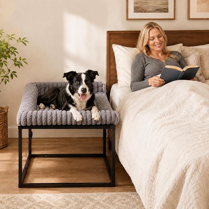 Adjustable Bedside Dog Bed for Medium Dogs, Elevated Co-Sleeper Dog Bed with Reinforced Metal Frame, Thick Supportive Cushion Mattress & Washable Cover, Dog Bedside Sleeper for Dogs & Cats
