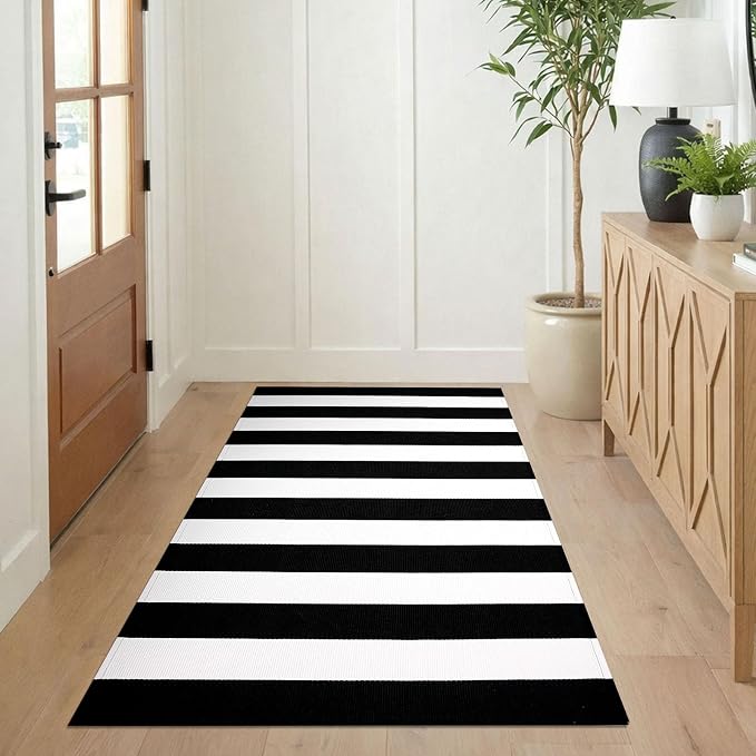 KILOCOCO Black White Striped Rug 3'X5' Front Door Mat Outdoor Washable Rugs | Cotton Layered Doormats, Low Pile Front Porch Rug, Woven Indoor Rug, Welcome Mat for Kitchen Entryway Farmhouse Patio