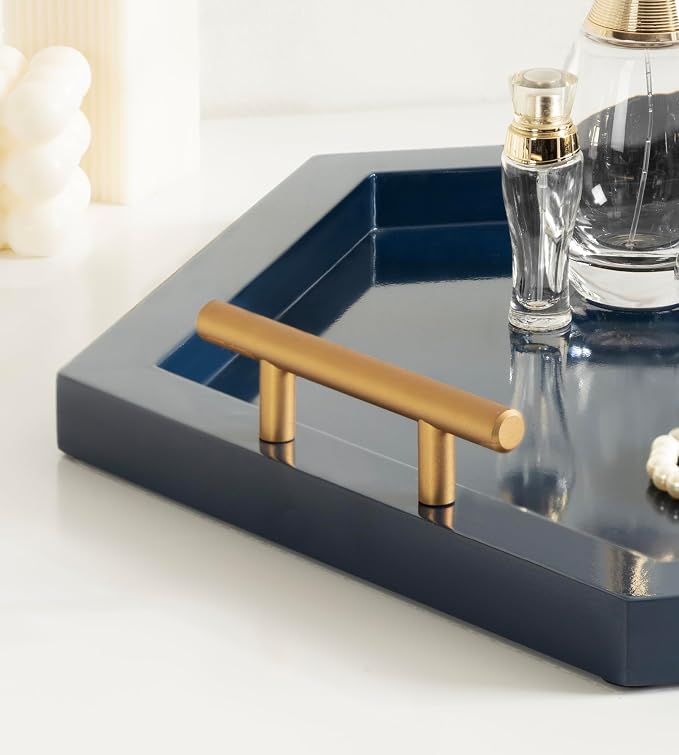 Kate and Laurel Halsey Decorative Hexagon Tray with Gold Metal Handles; 18 x 16; Navy Blue and Gold; Modern Glam Serving Tray with Handles for Living Room Decor