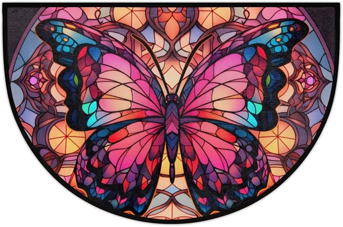 Half Round Door Mat Butterfly Glass Window Intdoor Entrance 36x24 Inch, Non-Slip Welcome Mat for Outdoor Semi Circle Bathroom Floor Rugs,House Entry Way Heavy Duty Doormat for Kitchen Living Room