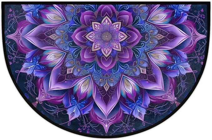 Mandala Purple Half Round Door Mat Semi Moon Rug Fireplace Carpet Area Rugs | Mandala Purple Non Slip Absorbent Half Circle Mat Carpet for Indoor Outdoor Patio Kitchen Bathroom Entryway Home Decor