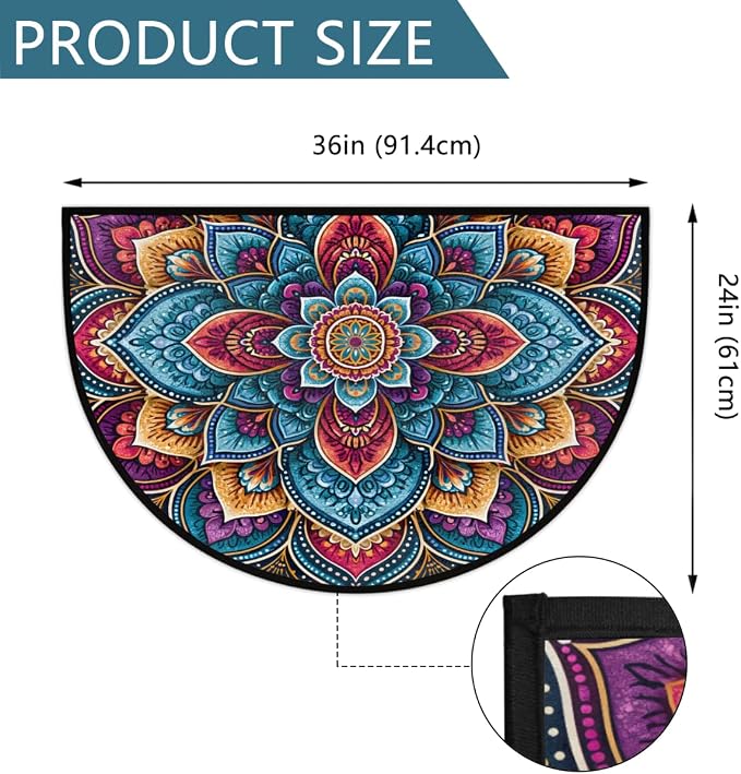 Flower Half Round Door Mat Semi Circle Rug Half Moon Doormat | Soft Washable Colorful Boho Welcome Entrance Mat for Outdoor Indoor Floor Bedroom Bathroom Home Kitchen Festival Decor