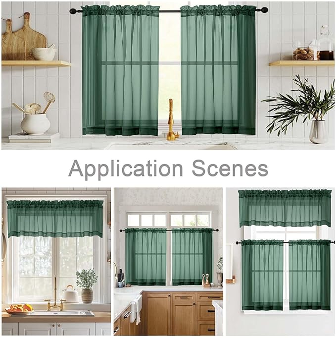 Kitchen Curtains 24 Inch Length Tier 2 Pieces, Hunter Green Sheer Curtain Solid Soft Sheer Short Curtains for Windows, Cafe Bathroom Basement Rod Pocket Drapes, Hunter Green, 42"Wx24"L Inch