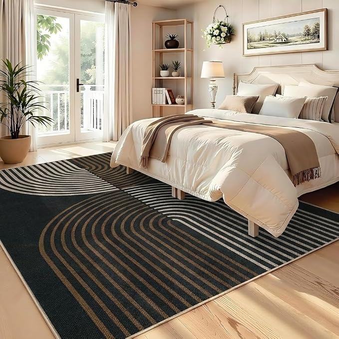 COZYLOOM 4x6 Striped Rainbow Outdoor Rug, Washable Easy Jute Rug for Living Room, Stain Resistant Non Shedding Neutral Area Rugs with Non Slip Backing for Bedroom, Entryway, Patio, Black Brown