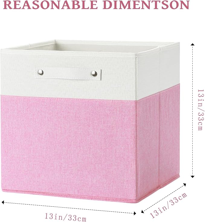 FinishingBo 13x13x13 Storage Cube Bins 6 Pack, Cube Shelf Baskets | Foldable Storage Cubes, Linen Storage Bins with Handles, Closet Organizers, White/Pink