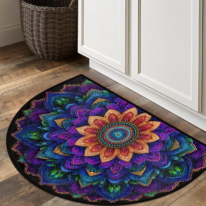 Boho Bohemia Ethnic Half Round Door Mat Non-Slip Semi Circle Rug Washable Half Moon Floor Rug Absorbent Bathroom Area Rugs for Outdoor Indoor Fireplace Mat Entryway Kitchen Decor Rugs