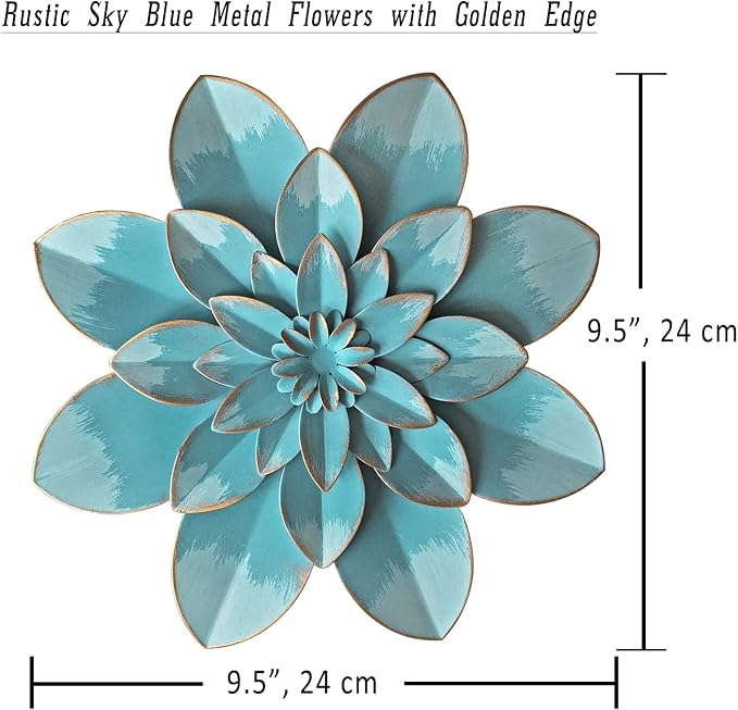 Metal Flower Wall Art Decor, 9.5" Light Sky Blue Floral Art | Rustic Modern Floral Sculpture,Distressed Hanging Home Decoration for Indoor Bedroom Living Room Office Outdoor Garden