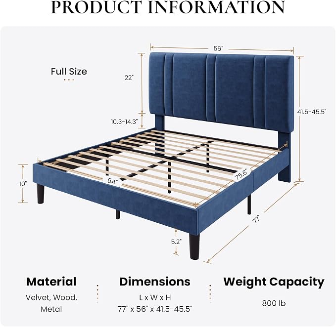 SHA CERLIN Full Size Velvet Bed Frame with Adjustable Headboard, Blue | Vertical Channel Tufted Design, Upholstered Platform Bed, Wood Slats Support/No Box Spring Needed/Easy Assembly