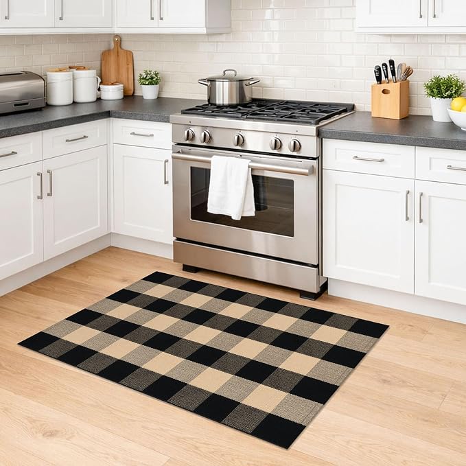 KILOCOCO Buffalo Plaid Checkered Rug 27.5x43 in Brown Black Front Door Rug | Cotton Woven Outdoor Rug, Machine Washable Front Door Mat, Indoor Entryway Rug, Low Pile Welcome Mats for Farmhouse
