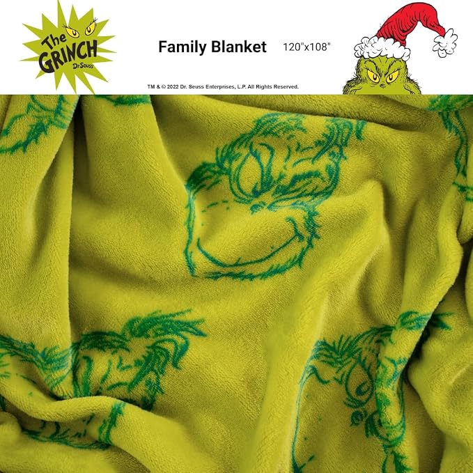 Dr. Seuss The Grinch Holiday Christmas Bedding Super Cozy Oversized Family Size Blanket, 120 in x 108 in, (Officially Licensed Product) By Franco Collectibles