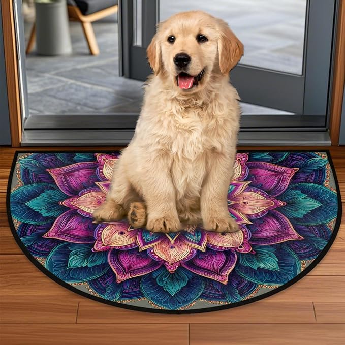 Bohemia Mandala Boho Half Round Door Mat Non-Slip Semi Circle Rug Washable Half Moon Floor Rug Absorbent Bathroom Area Rugs for Outdoor Indoor Fireplace Mat Entryway Kitchen Decor Rugs