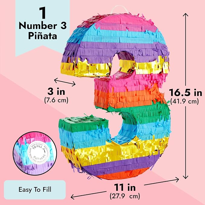 BLUE PANDA Number 3 Pinata - Rainbow 3rd Birthday Party Decorations - Tissue Paper Fiesta Pinata for Kids Anniversary Celebrations | Multicolored | 11.4 x 16.5 x 3 Inches