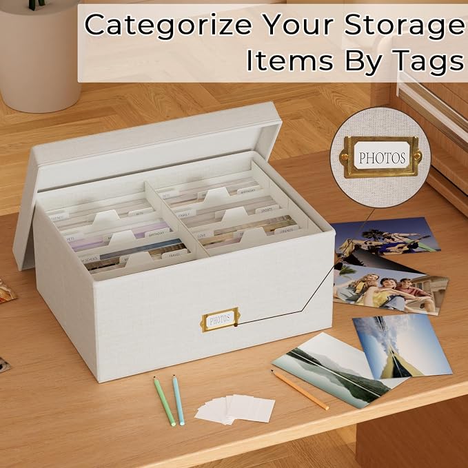 Decorative Photo Storage Box, Linen Photo Box Holds 1700 5x7 Pictures Beige | Photo Storage Containers with 8 Dividers, Memory Keepsake Organizer for Photos, Scrapbook Supplies, Cards, Stamps,Archive Box