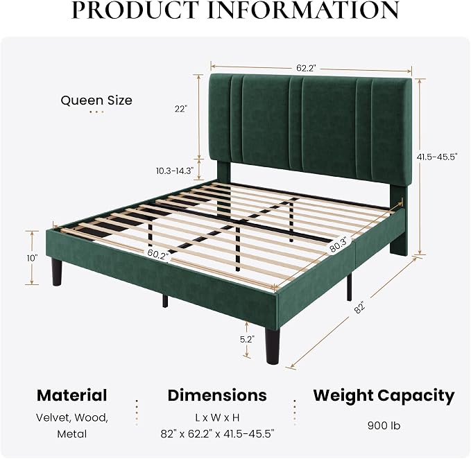 SHA CERLIN Queen Size Velvet Bed Frame with Adjustable Headboard, Green | Vertical Channel Tufted Design, Upholstered Platform Bed, Wood Slats Support/No Box Spring Needed/Easy Assembly