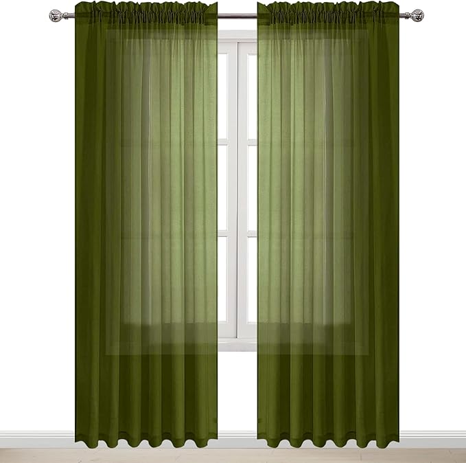 DWCN Olive Green Sheer Curtains Semi Transparent Voile Rod Pocket Curtains - Image 9