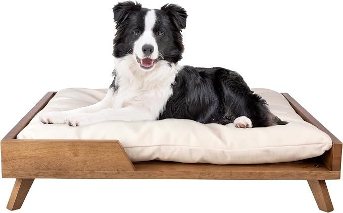 Elevated Dog Bed - 36” x 29.5” Indoor Pet Bed with Frame and Soft Cushion - Mid-Century Modern Wood Dog Bed for Medium to Large Pets by PETMAKER (Natural)