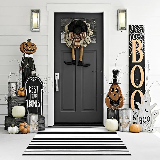 LEEVAN 3'X5' Black and White Striped Woven Cotton Reversible Outdoor Rug | Small Machine Washable Front Porch Rug, Entryway Door Mat, Indoor Layering Carpet for Farmhouse Bathroom Laundry