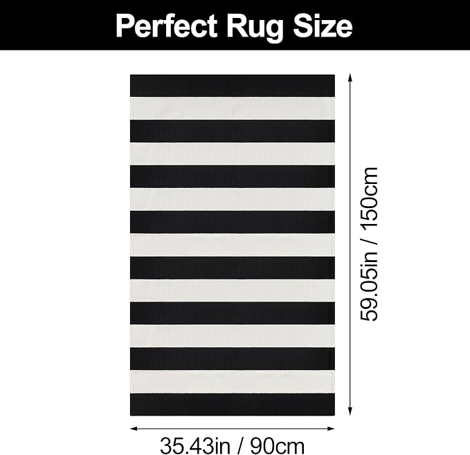 Black and White Striped Rug 3x5 Front Door Mat Cotton Woven Rug Front Porch Decor Washable Indoor Outdoor Rugs for Layered Door Mats Entryway Kitchen Bath Patio Farmhouse Carpet