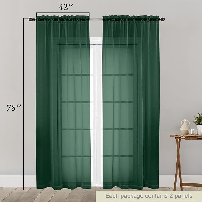 Hunter Green Sheer Curtain for Bedroom Living Room 78 Inches Long 2 Panels Set - Image 2