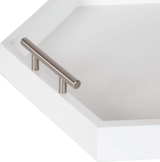 Kate and Laurel Lipton Modern Hexagon Tray, 18 x 18, White and Silver, Decorative Tray for Storage and Display