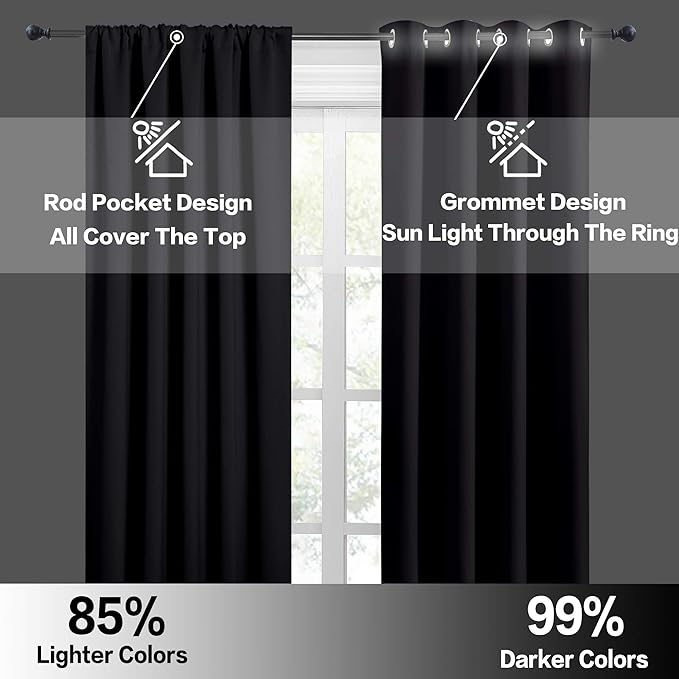 RYB HOME Blackout Cafe Curtains 30 inch Length, Short Light UV Heat Blocking Energy Saving Privacy Curtain Tiers for Basement Bathroom Kitchen Window, Width 29 by Length 30, Black, 2 Panels