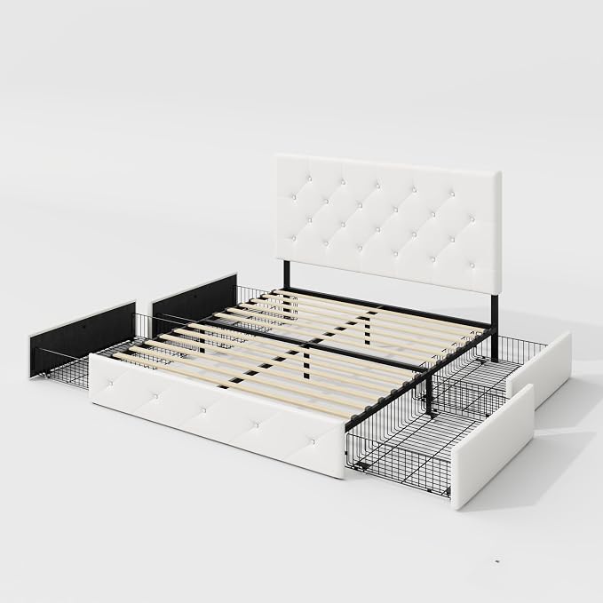 Allewie Upholstered Queen Size Platform Bed Frame with 4 Storage Drawers and Headboard, Diamond Stitched Button Tufted, Mattress Foundation with Wooden Slats Support, No Box Spring Needed, White